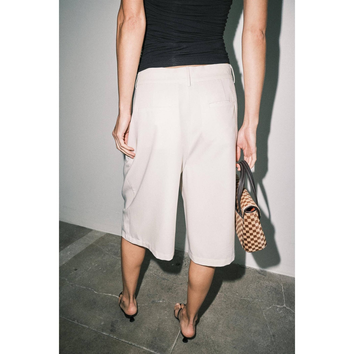 Cream Pleated Suiting Wide Leg Bermuda Shorts