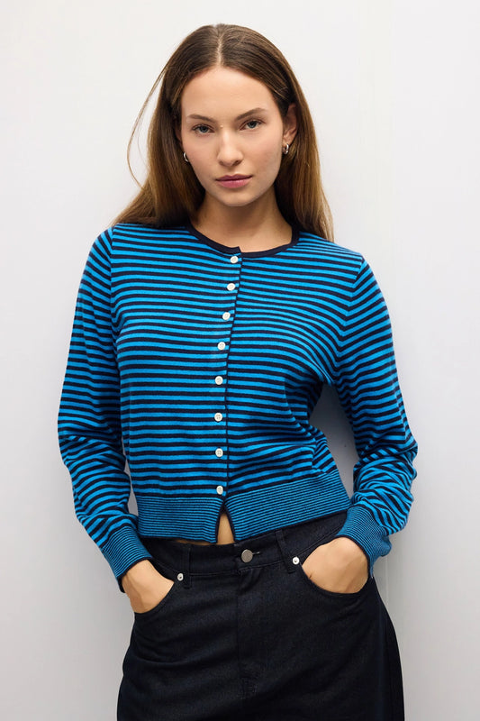 Striped Button Down Round Neck Cardigan