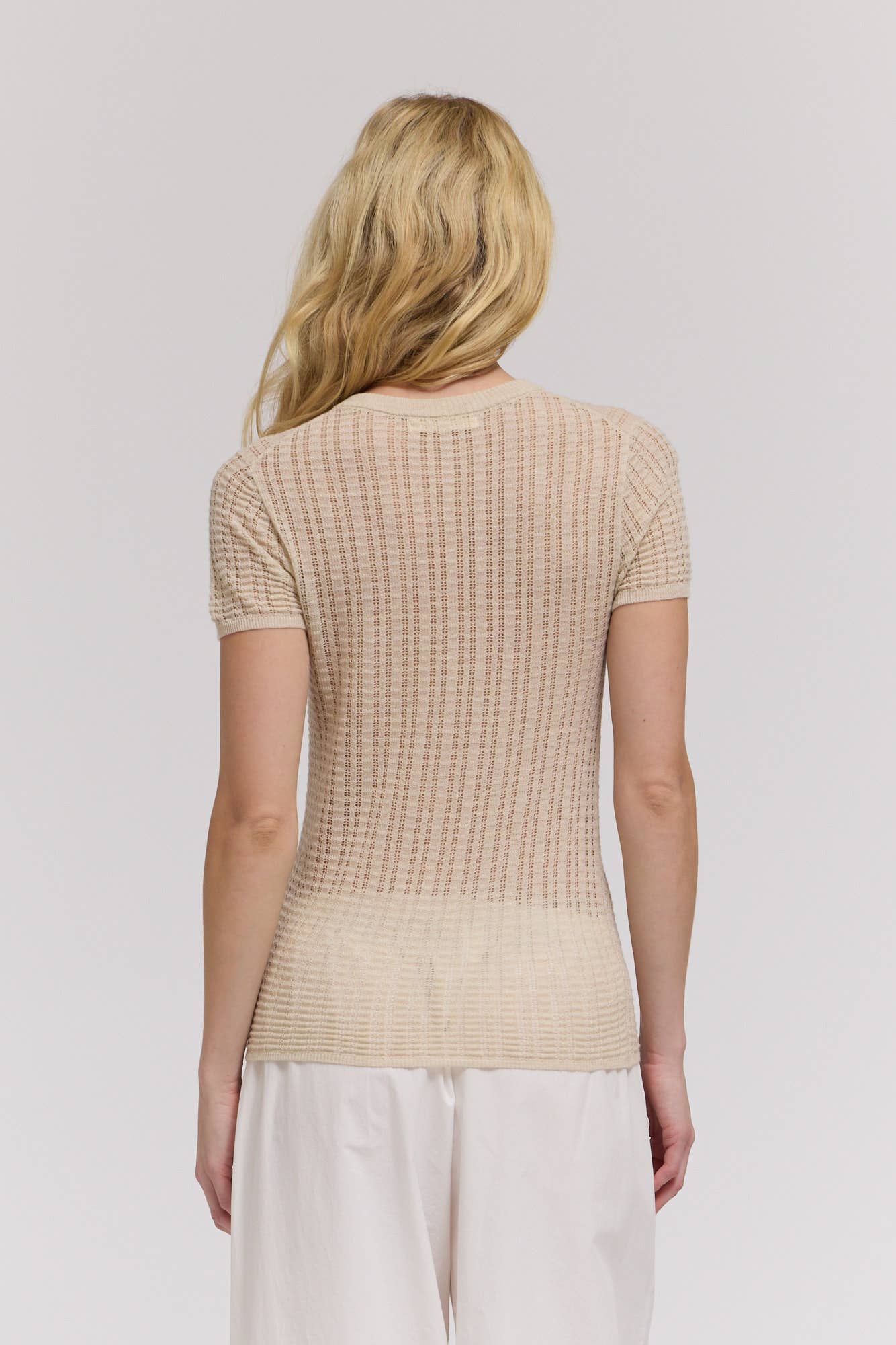 Beige Sheer Pointelle Knit Short Sleeve Top