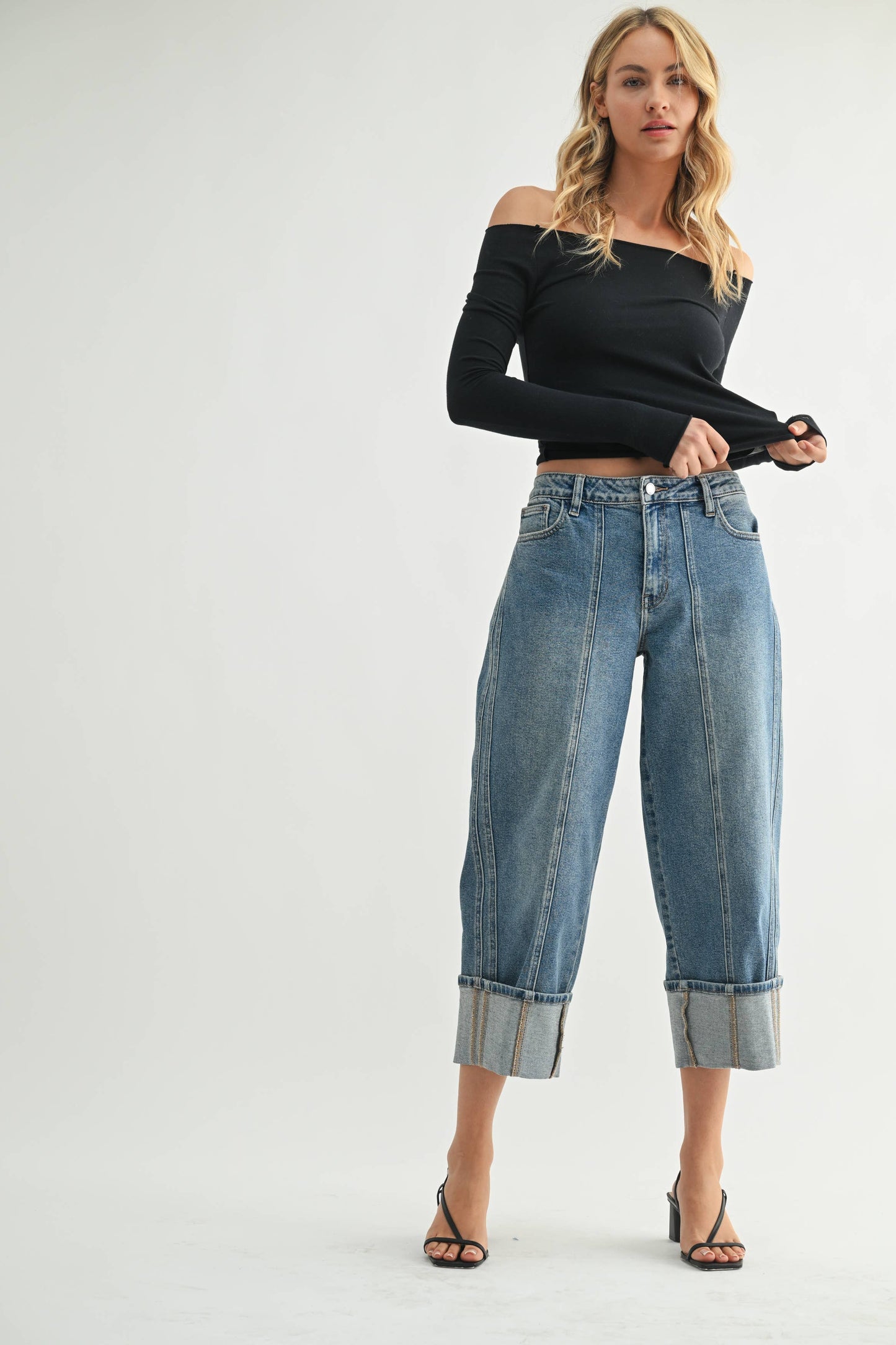 Front Seam Cuffed Barrel Jeans