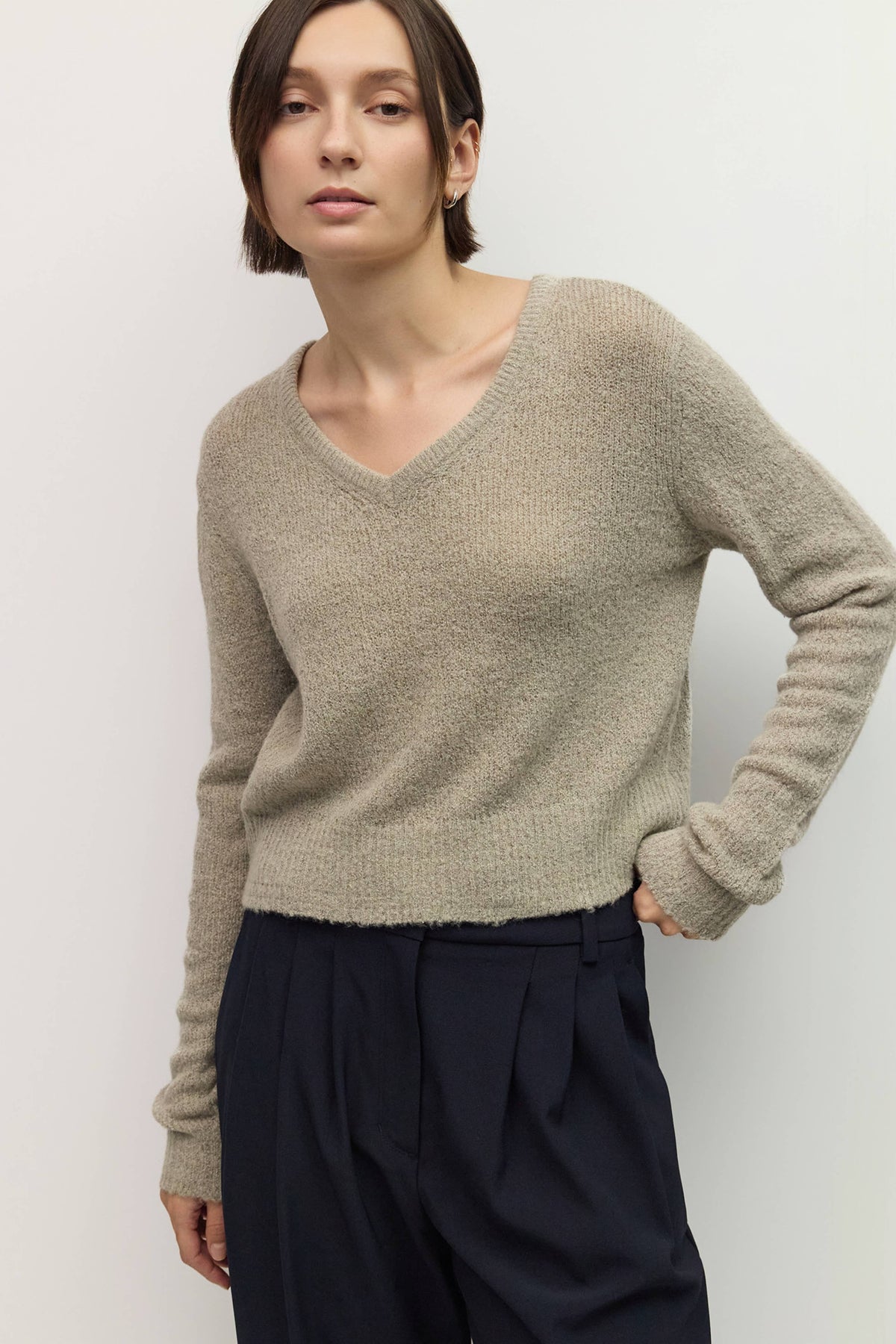 Taupe Soft Textured V-Neck Sweater