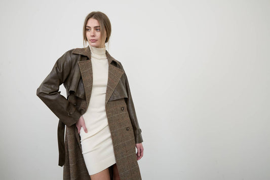 Faux Leather Plaid Maxi Trench Coat