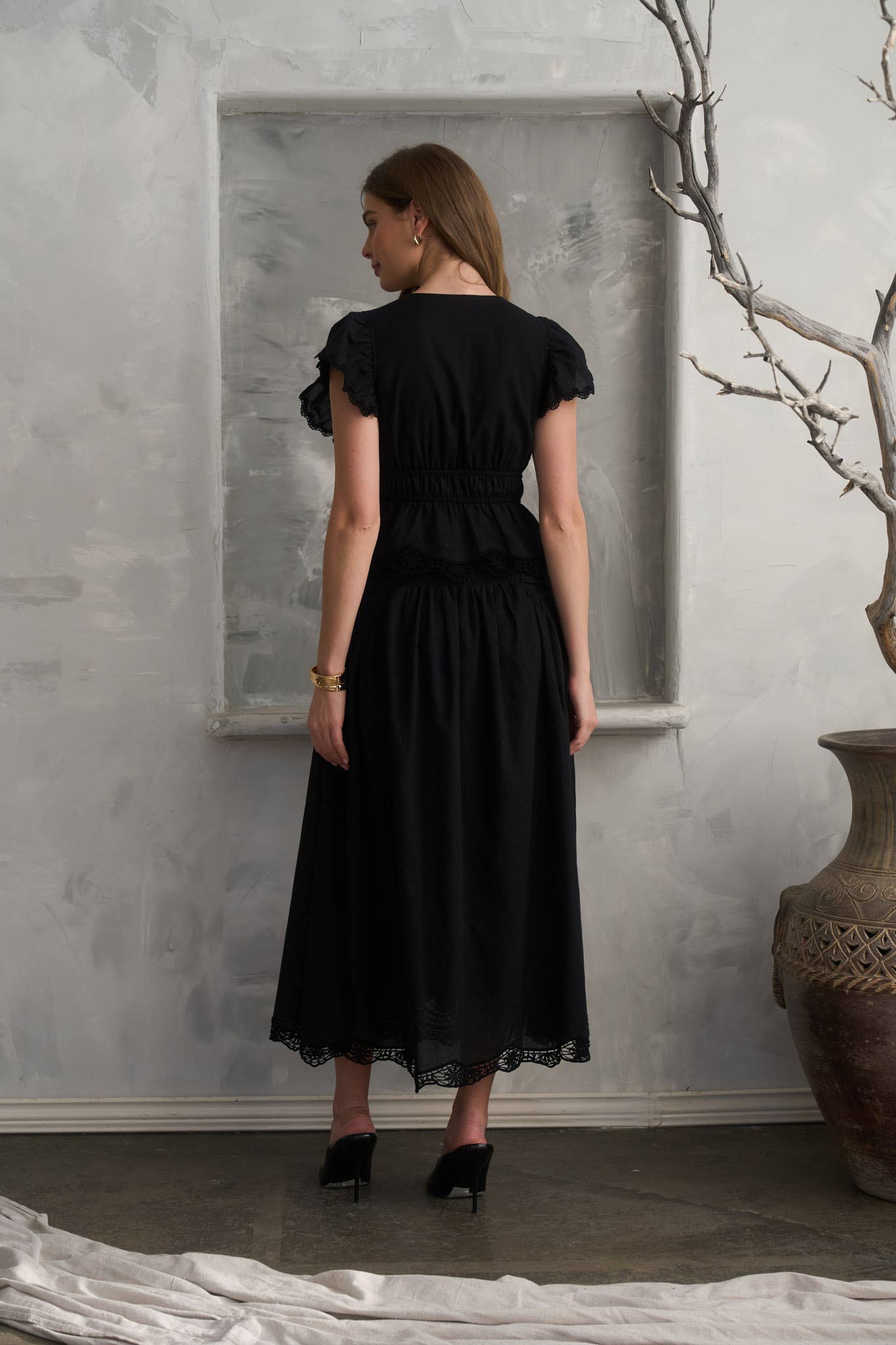 Black Embroidered Ruffle Sleeve Top
