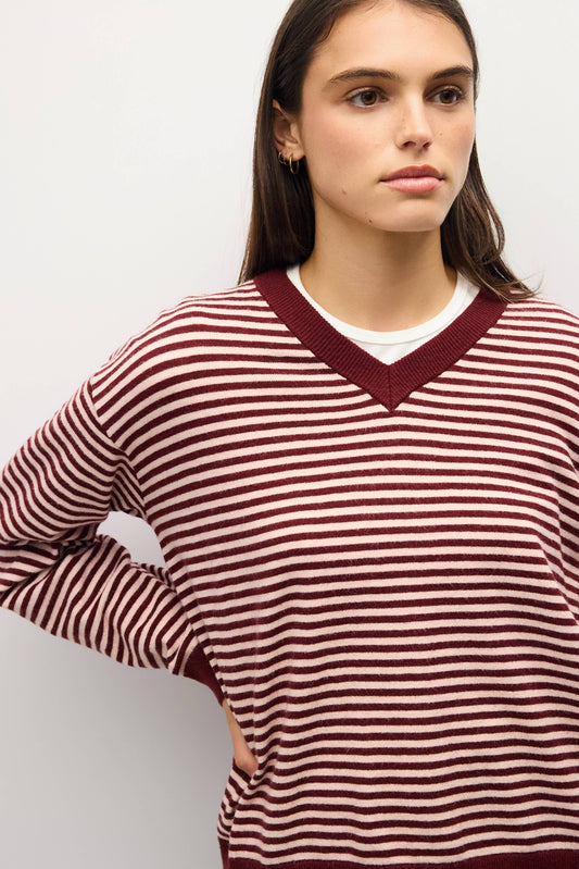 Striped Burgundy Pink V-Neck Sweater