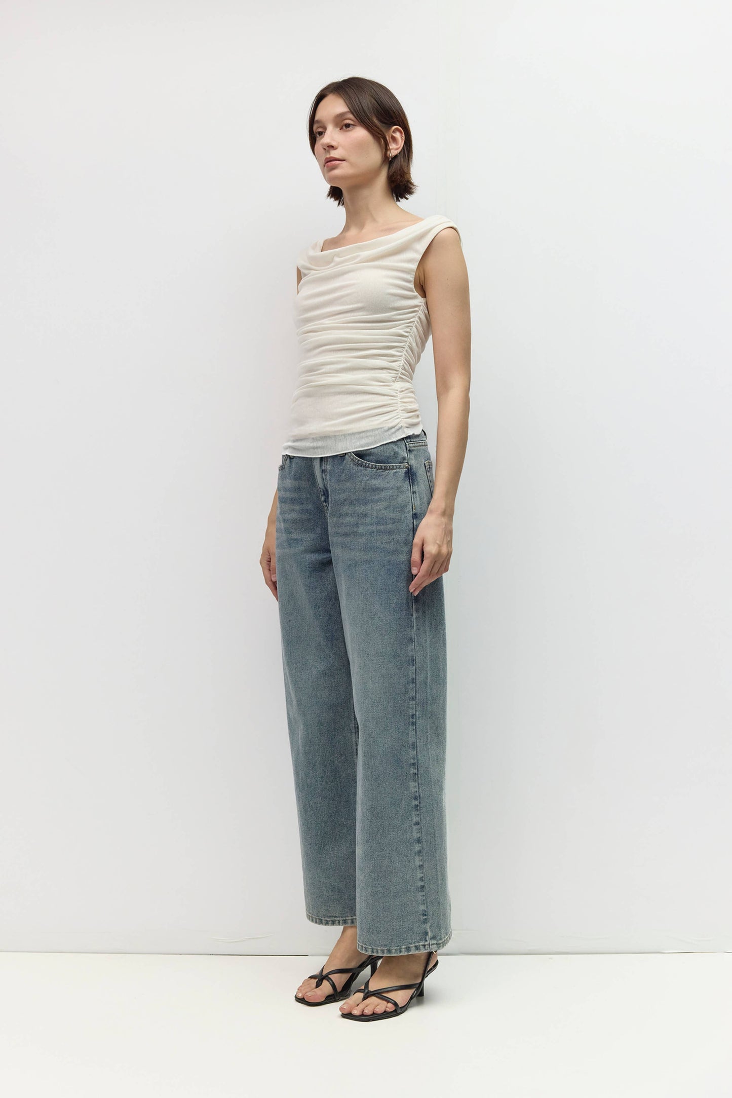 White Mesh Wide Cowl Neck Top