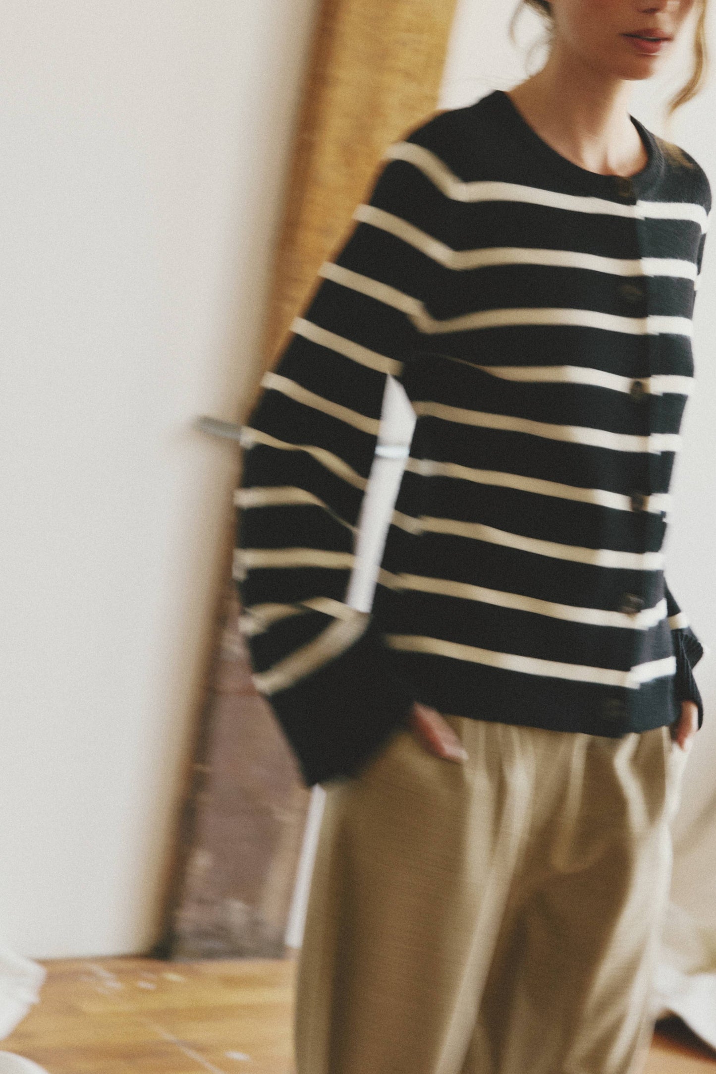Black Striped Bell Sleeve Buttoned Cardigan