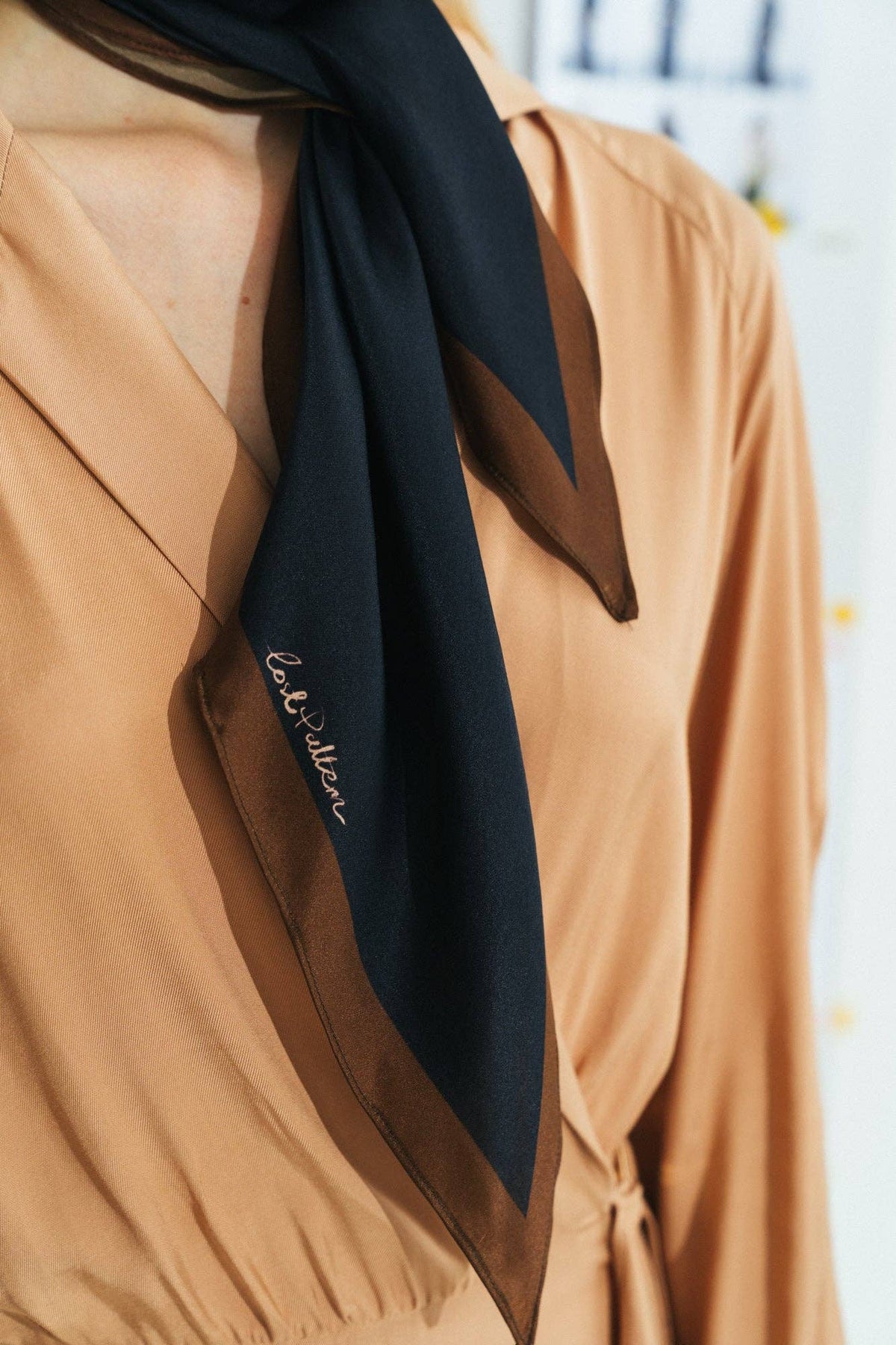 Navy Silk Scarf with Contrast Trim
