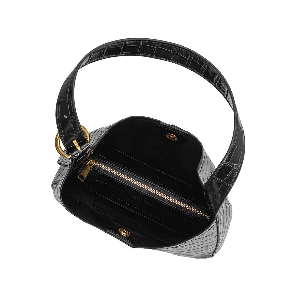 Black Crocodile Vegan Leather Shoulder Bag