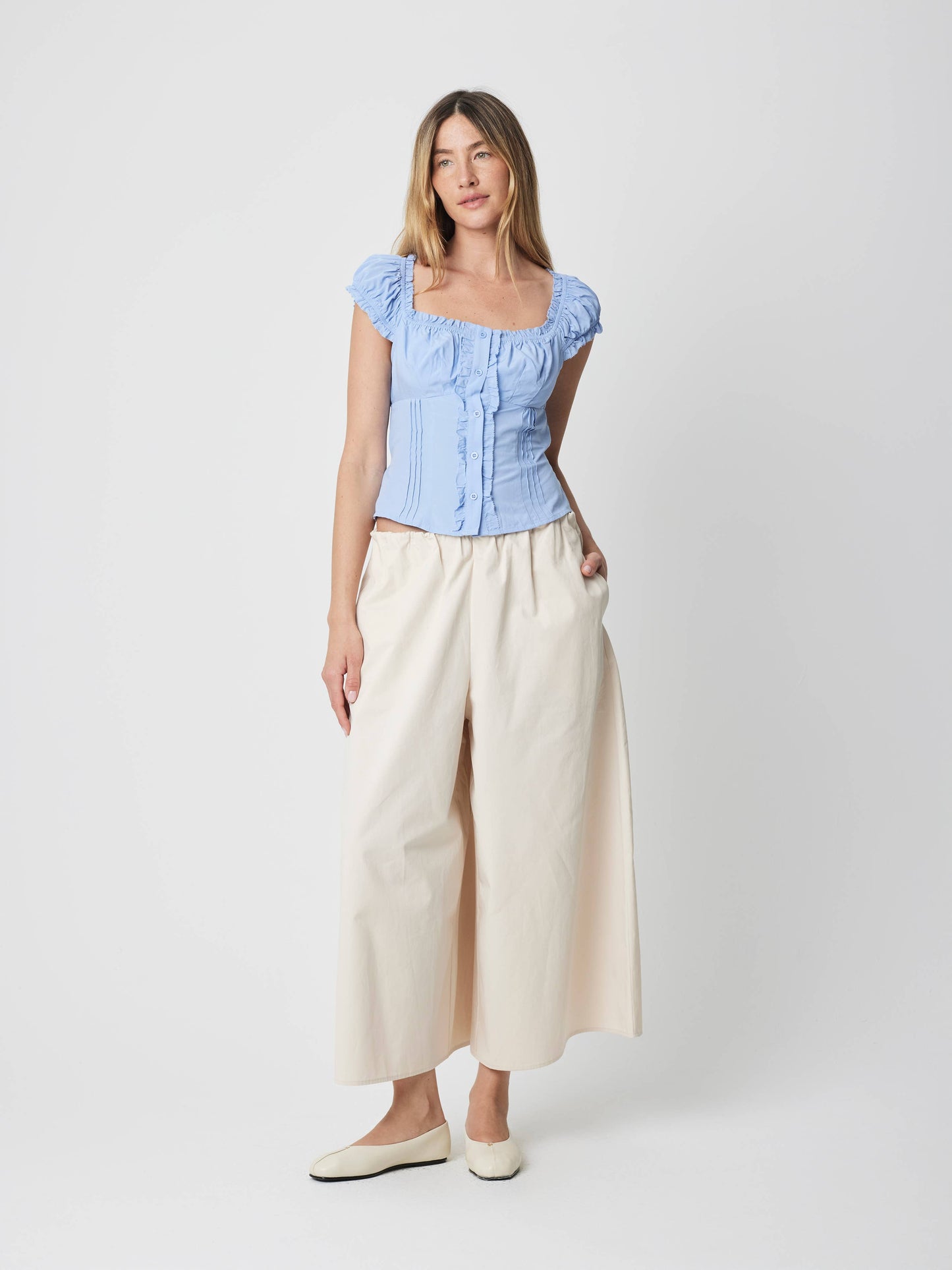 Light Blue Ruffled Cotton Blouse