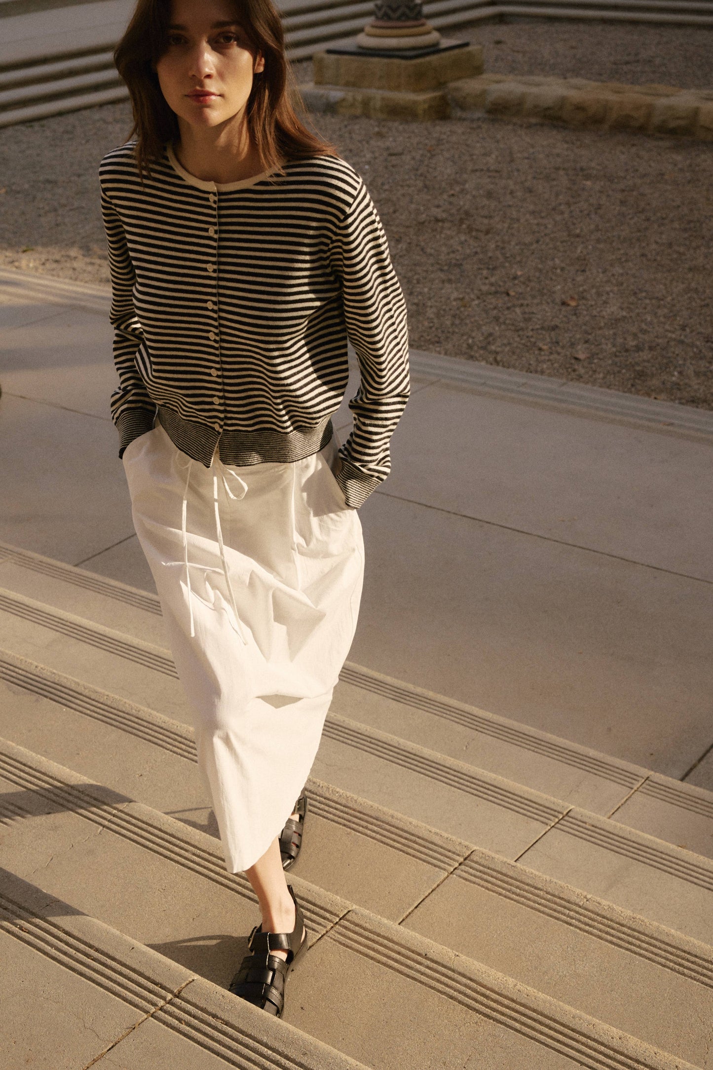 Striped Button Down Round Neck Cardigan