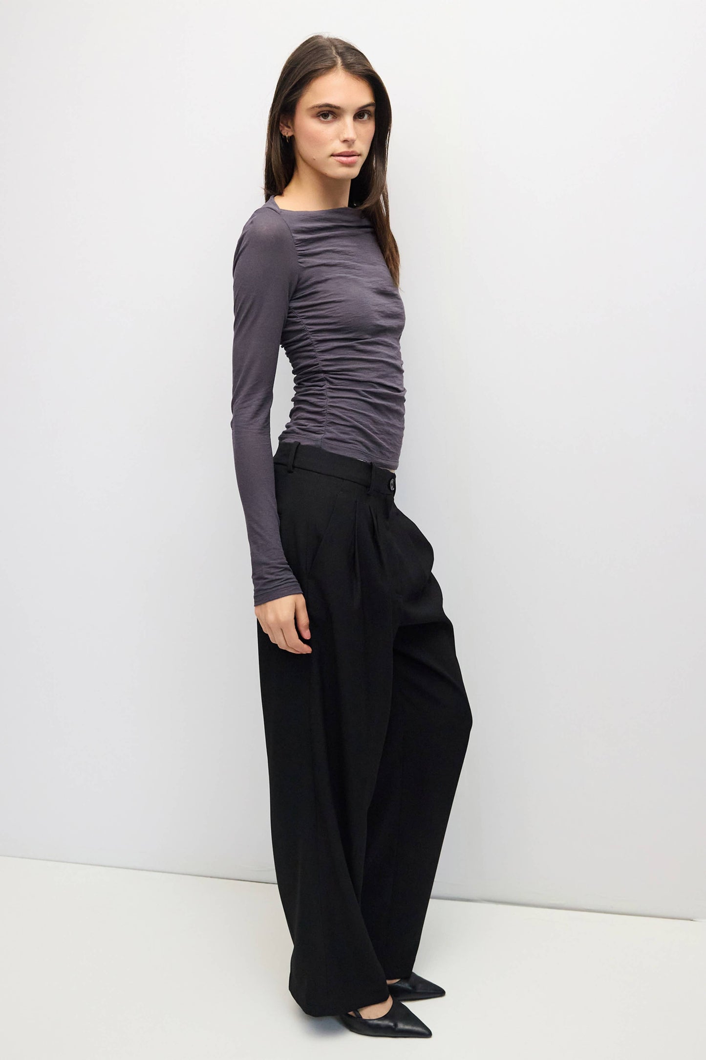 Charcoal Wide Neck Pleated Knit Long Sleeve