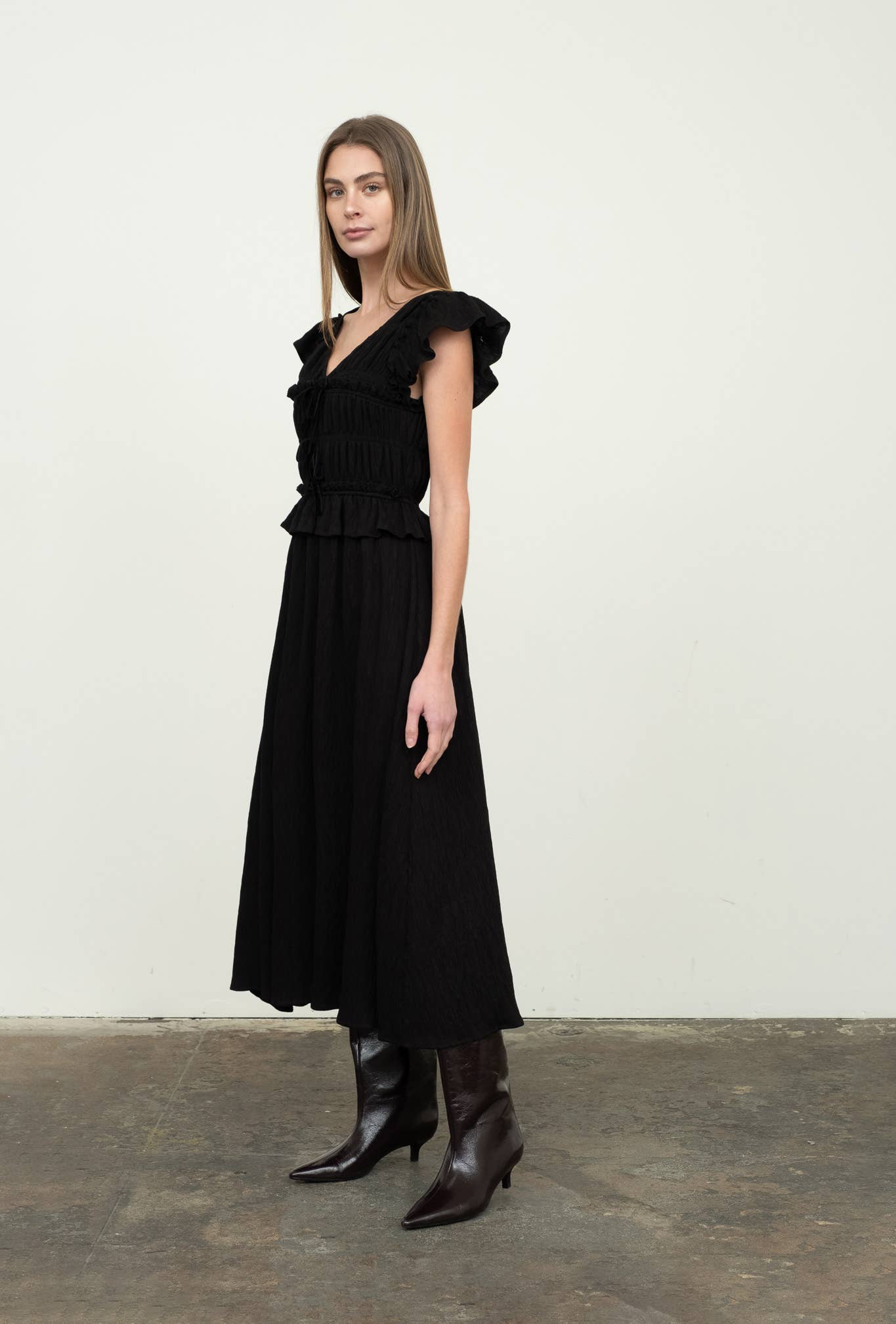 Black Shirred V-Neck Ruffle Trim Midi Dress