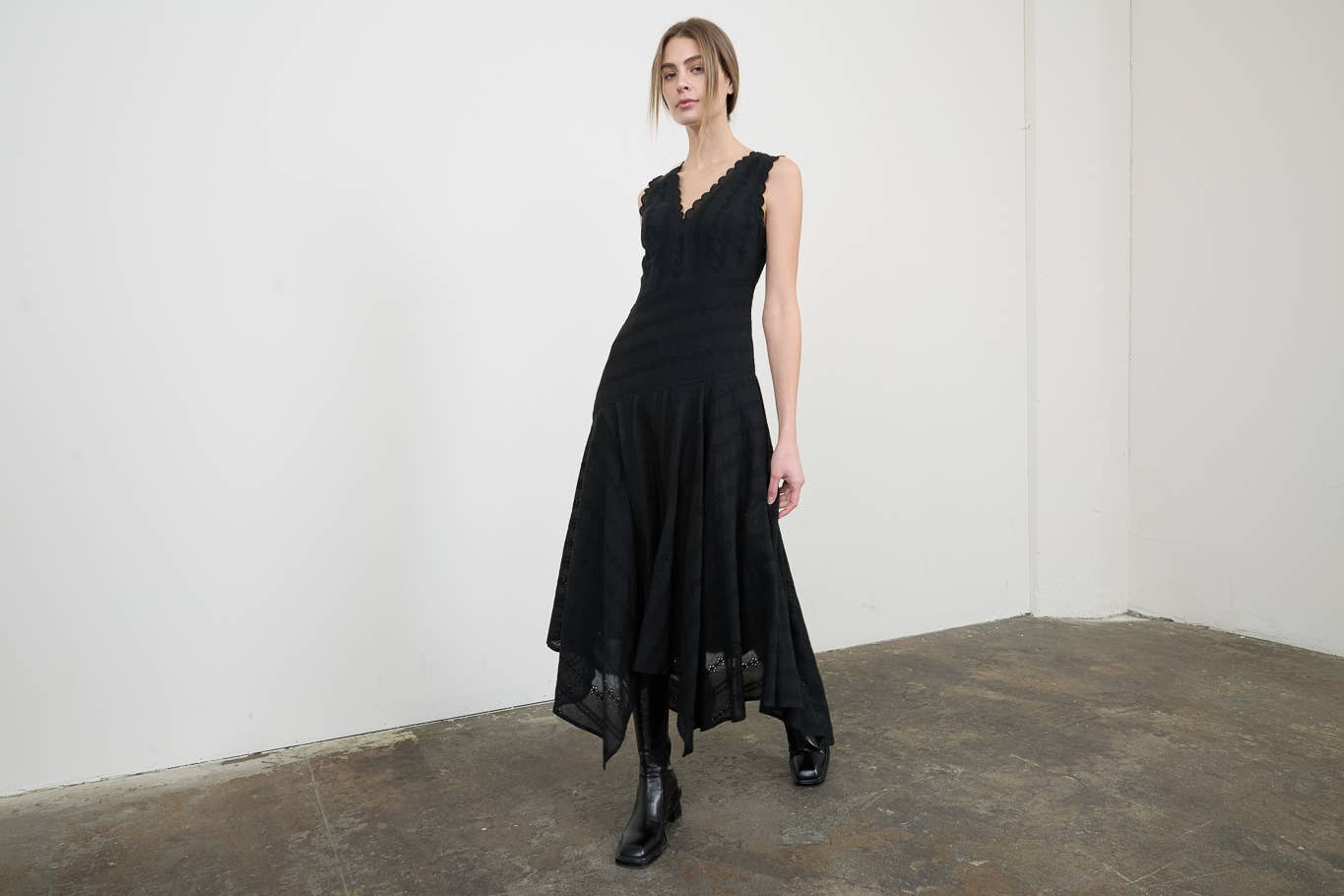 Black Stripe Eyelet Handkerchief Hem Midi Dress