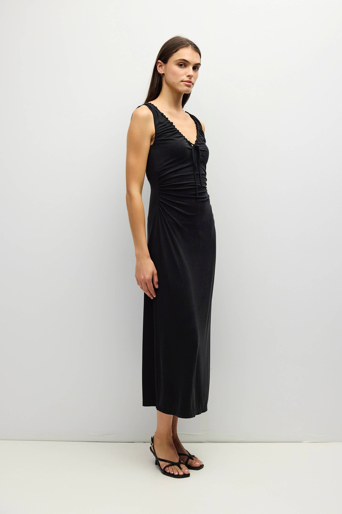 V-Neck Ruched Knit Midi Dress