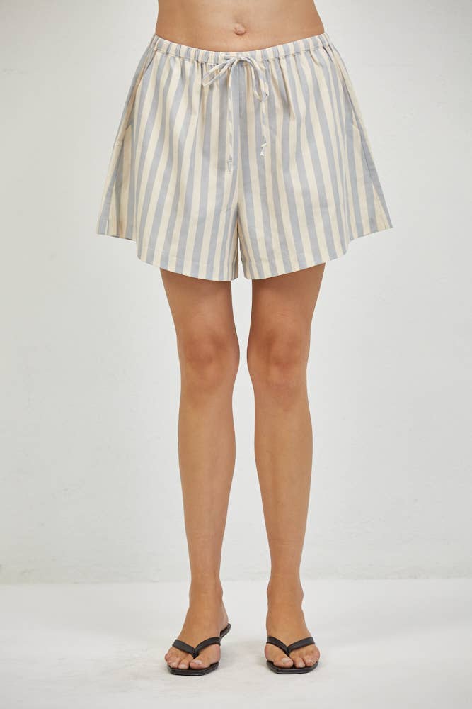 Blue Striped Elastic Waist Shorts