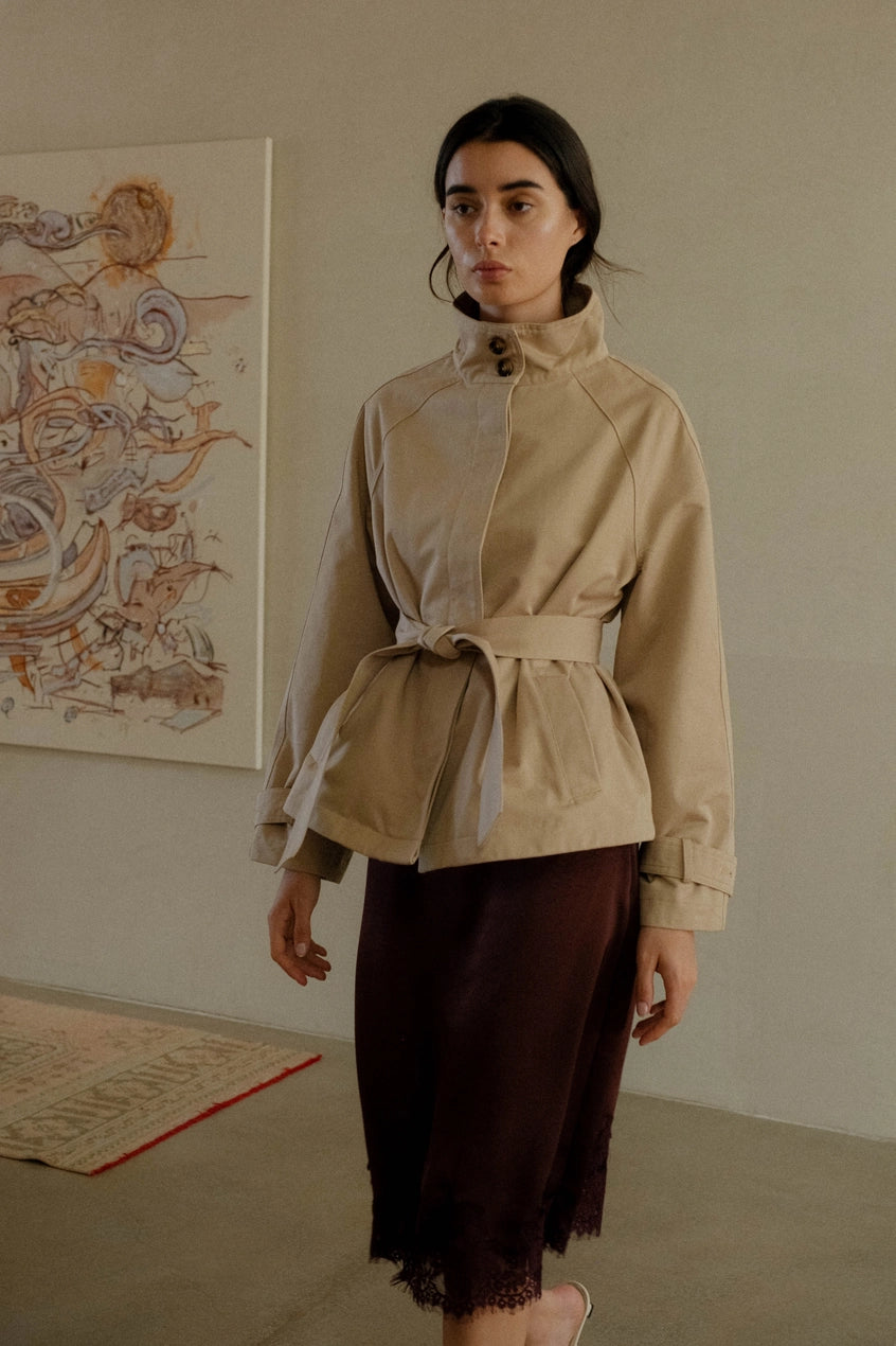 High Neck Belted Raglan Jacket