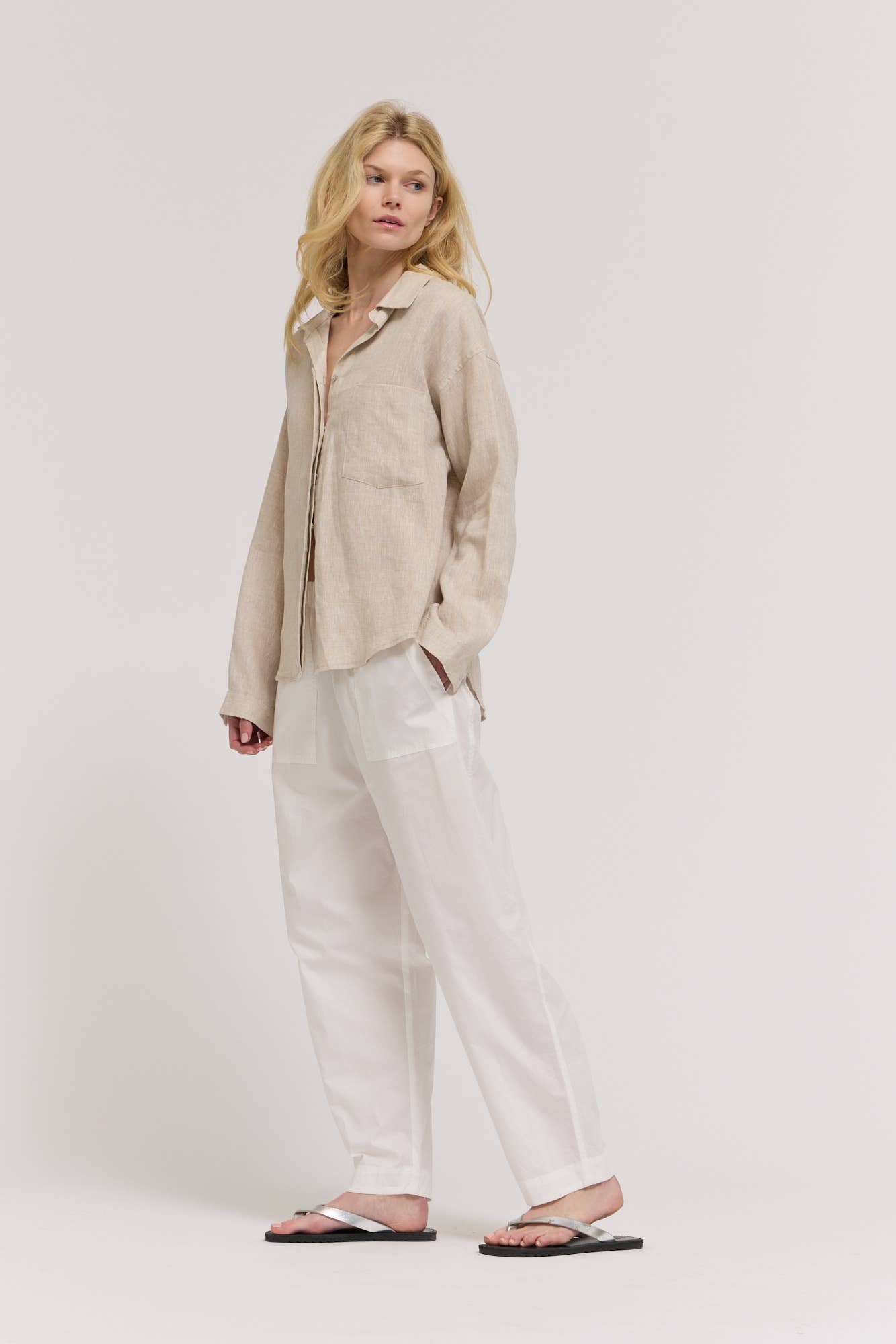 Open Collar Linen  Button-Up Shirt