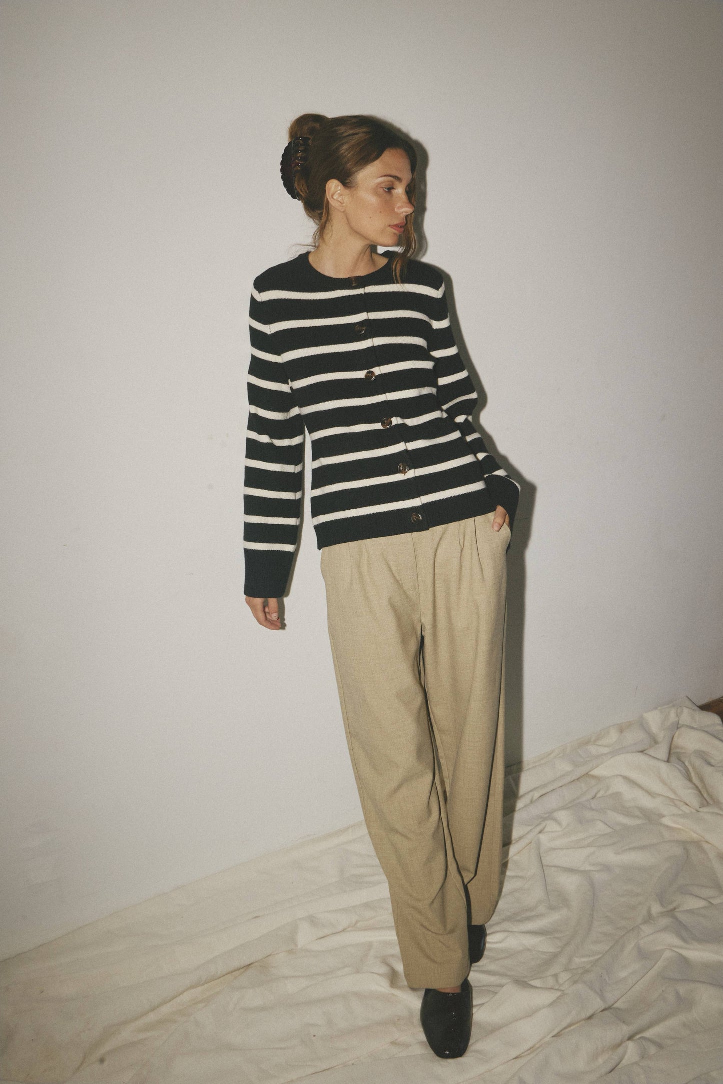 Black Striped Bell Sleeve Buttoned Cardigan