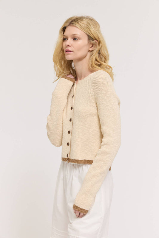 Cream Fitted Knit Cardigan with Contrast Trim