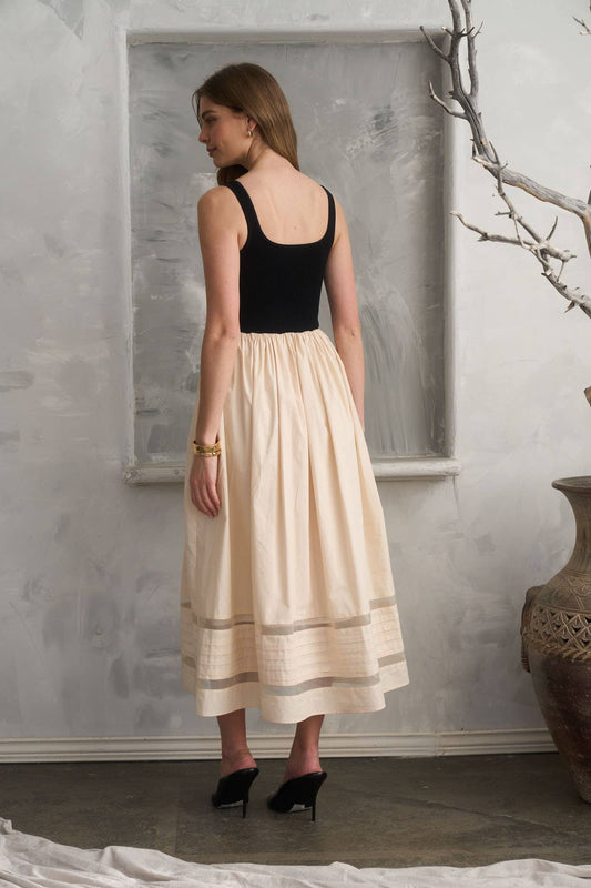 Basque Waist Mixed Media Midi Dress