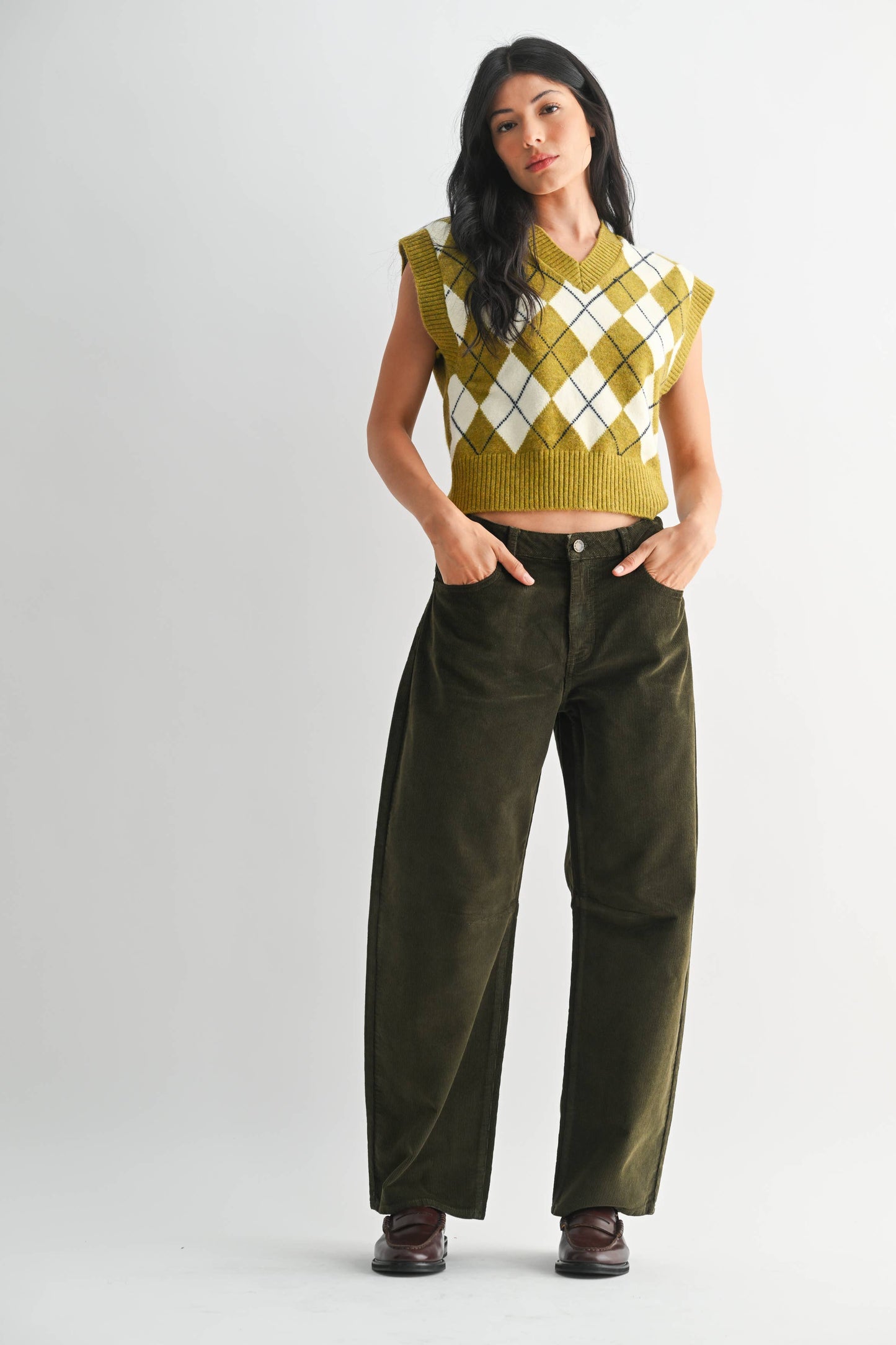 Dark Olive Corduroy Barrel Jean