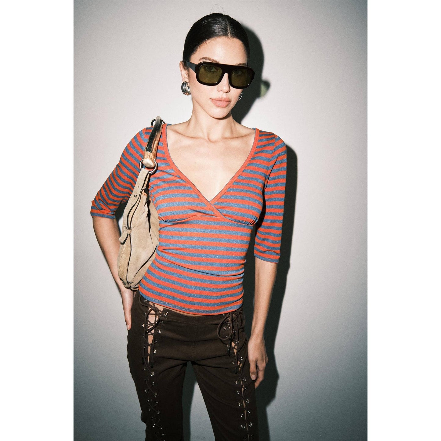 Red Striped V-Neck Three Quarter Sleeve Top