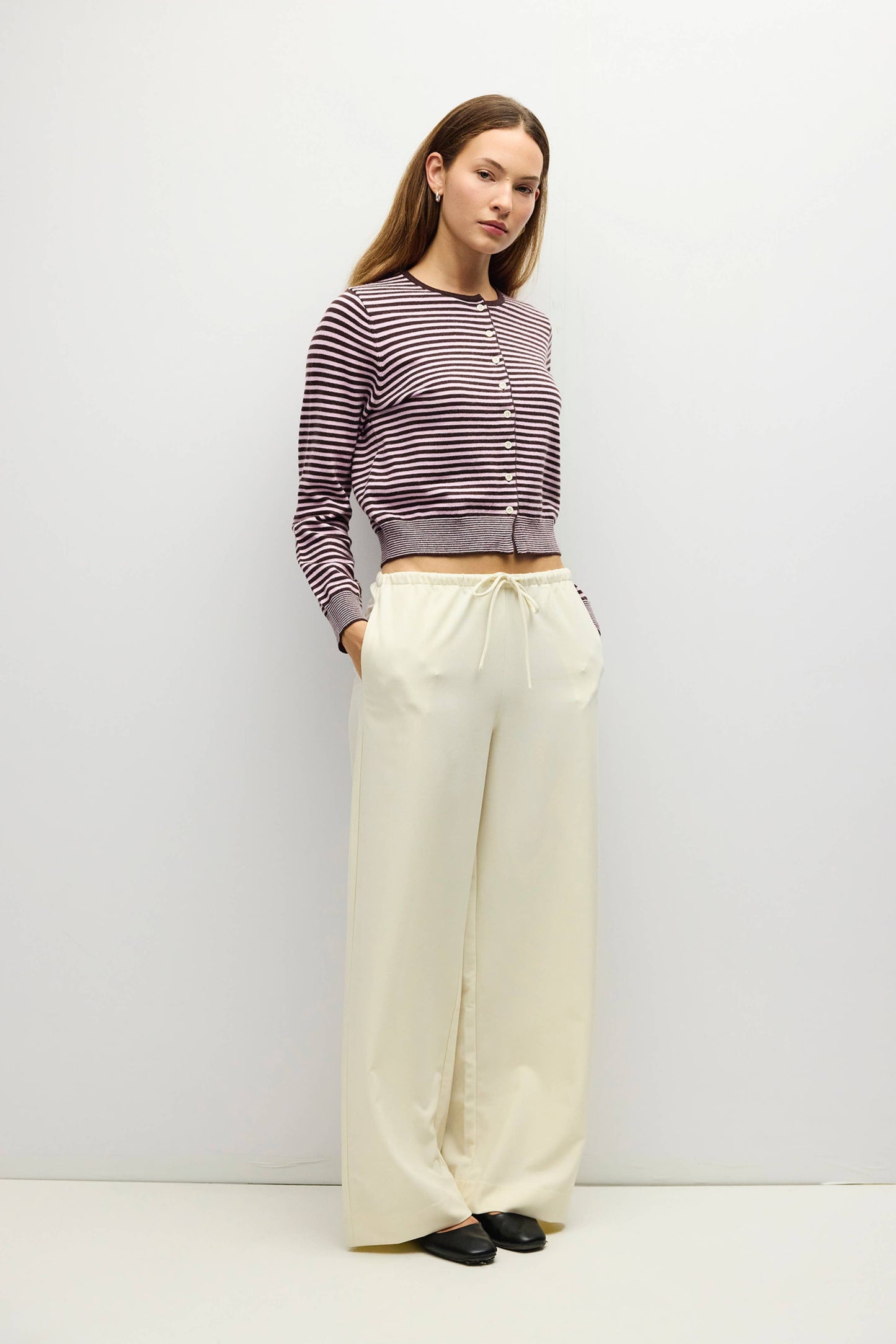Striped Button Down Round Neck Cardigan