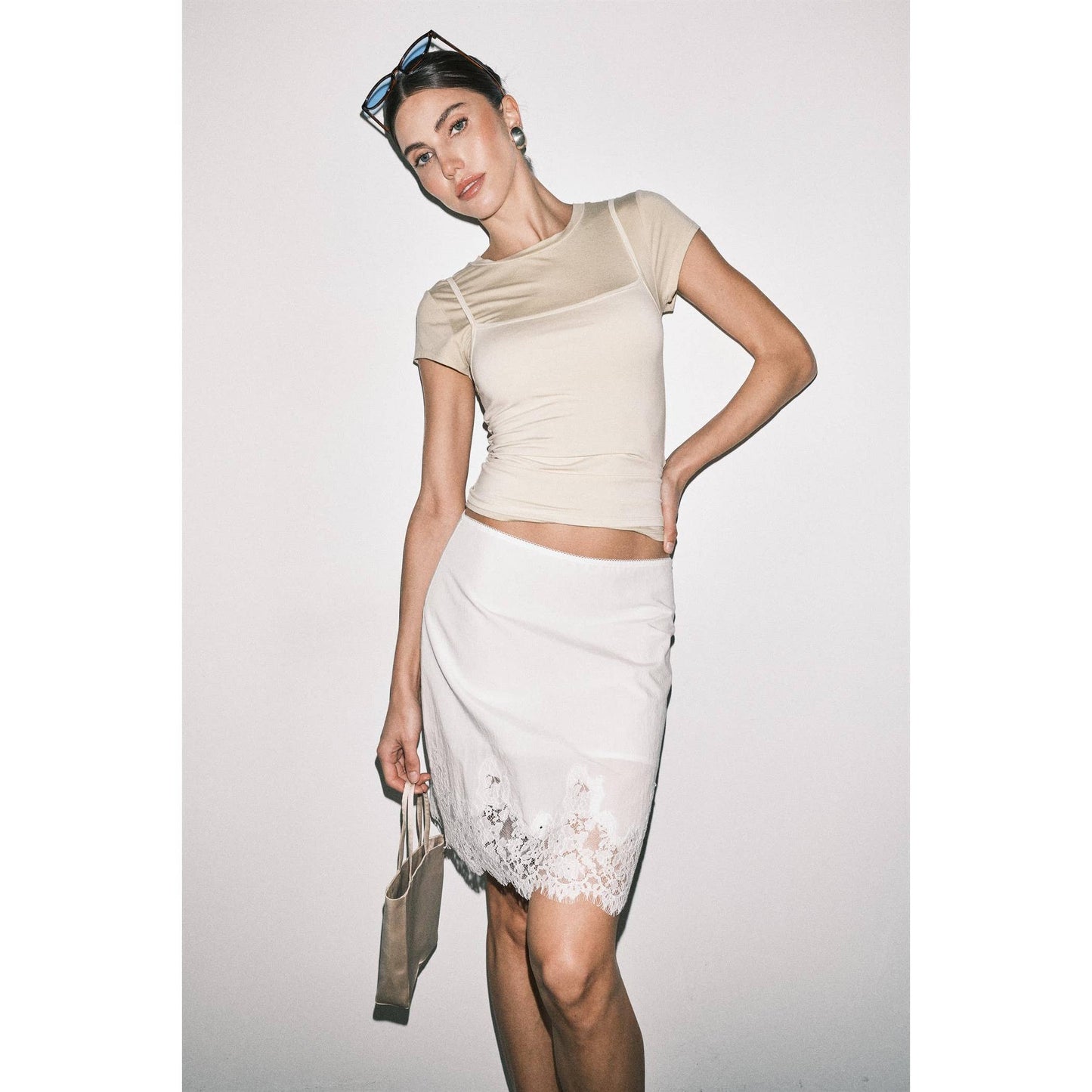 White Satin Lace-Hem Midi Slip Skirt