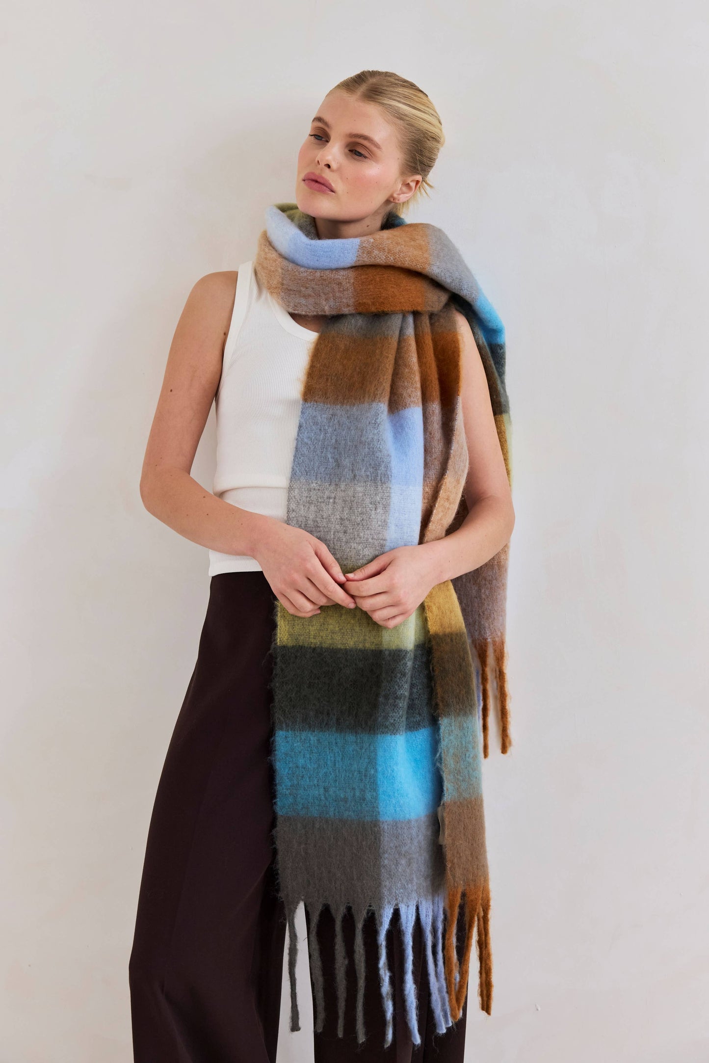 Blue Orange Brushed Plaid Oversized Scarf