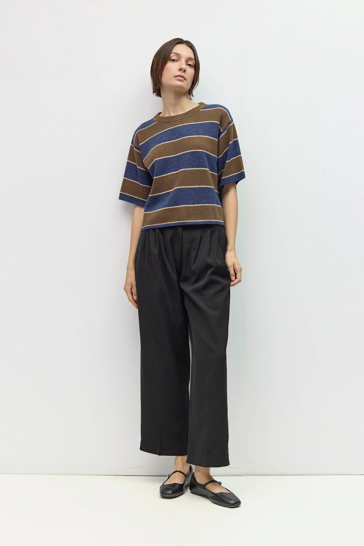 Brown + Navy Striped Short Sleeve Sweater