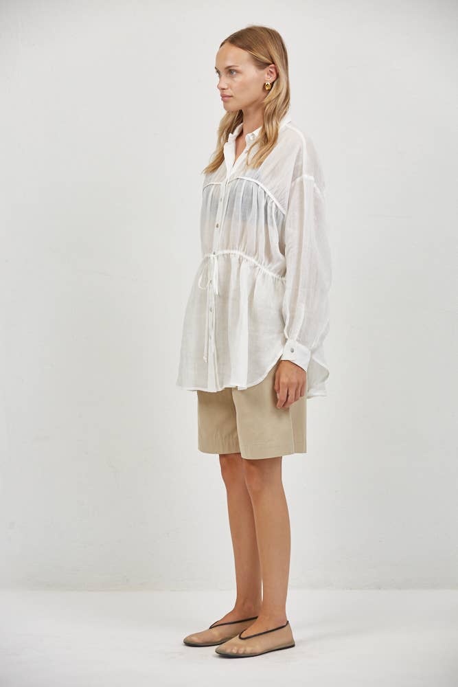 White Linen Tie Waist Button Down Top