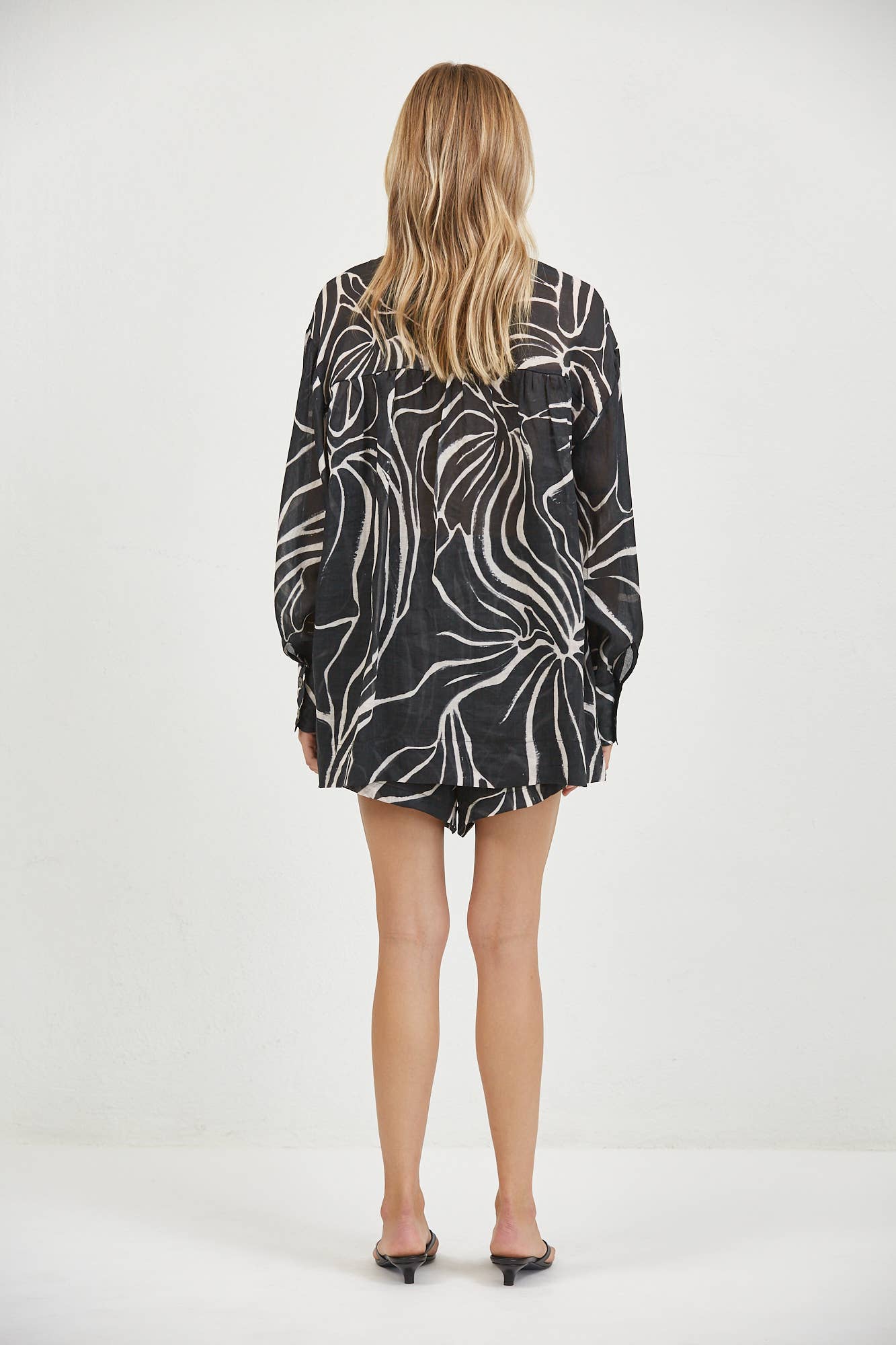 Black Cream Linen Print Button Down Top