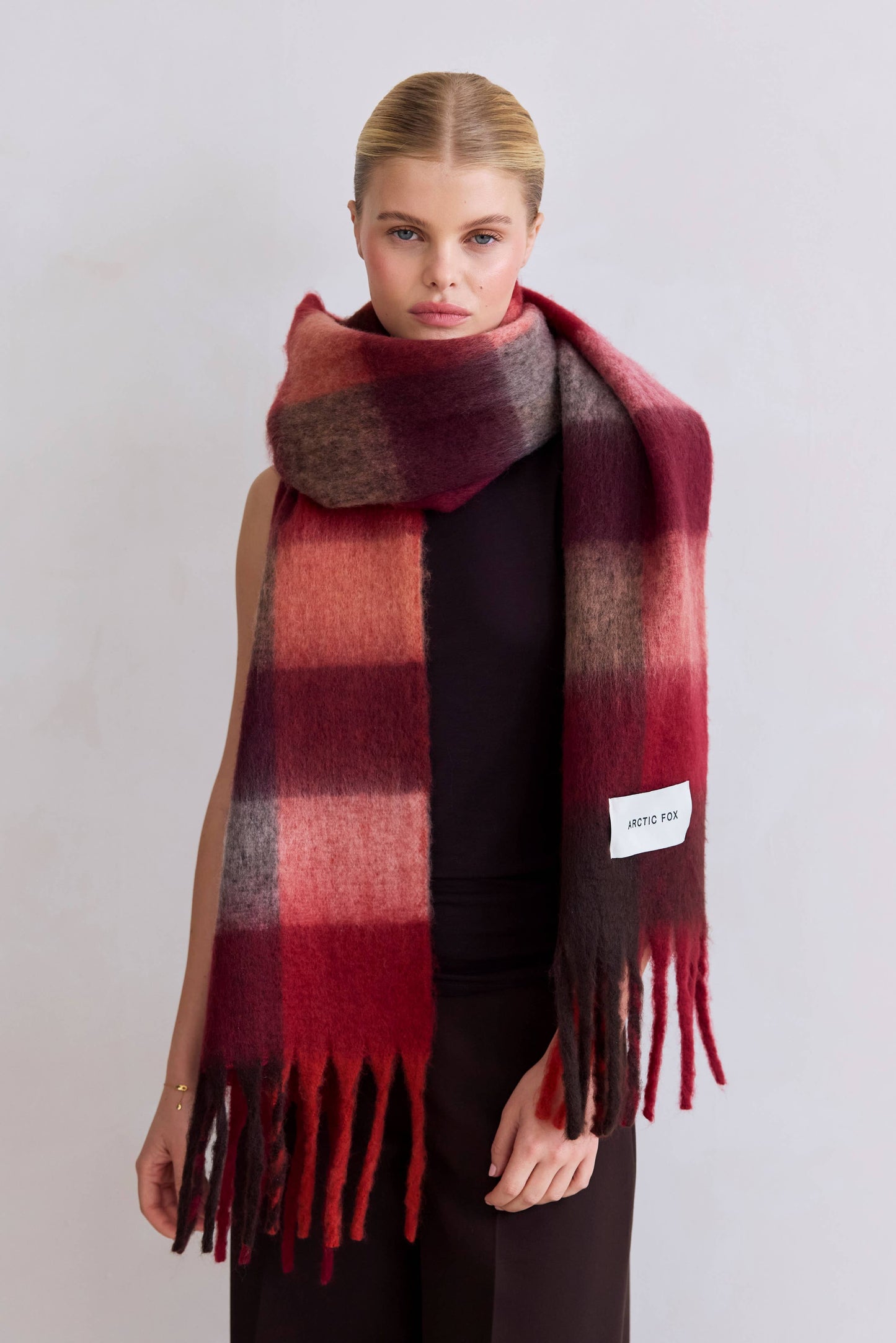 Burgundy Brushed Plaid Oversized Scarf
