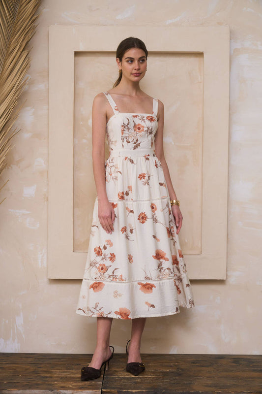 Square Neck Floral Print Midi Dress