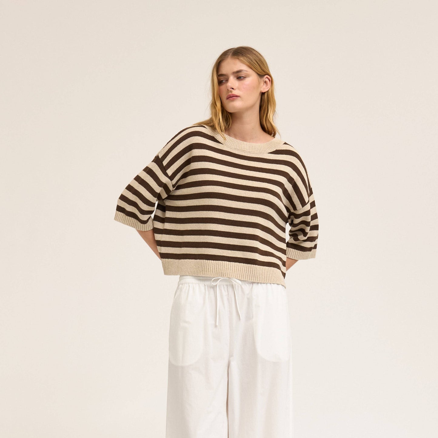 Linen Drop Shoulder Stripe Short Sleeve Knit Top