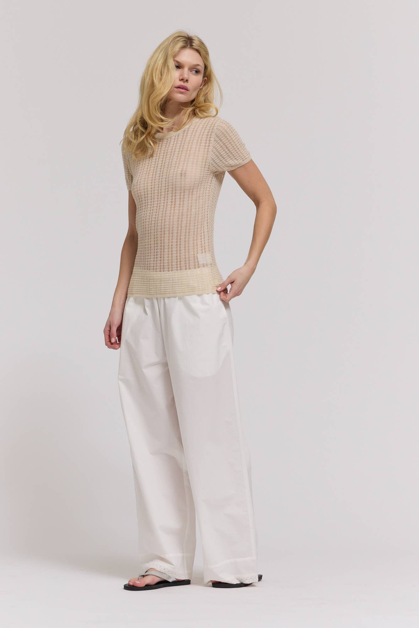 Beige Sheer Pointelle Knit Short Sleeve Top