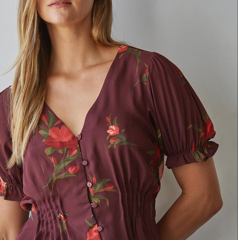 Wine Floral Puff Sleve Blouse