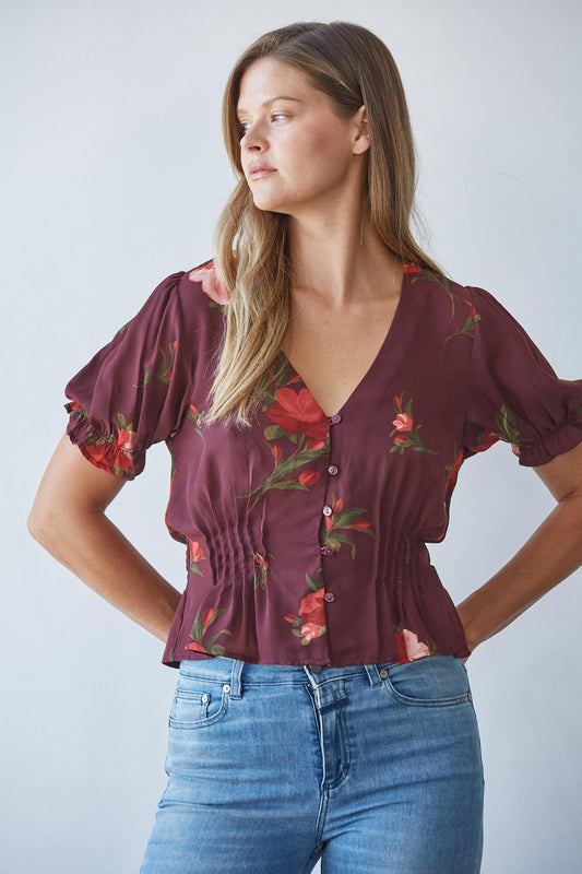 Wine Floral Puff Sleve Blouse