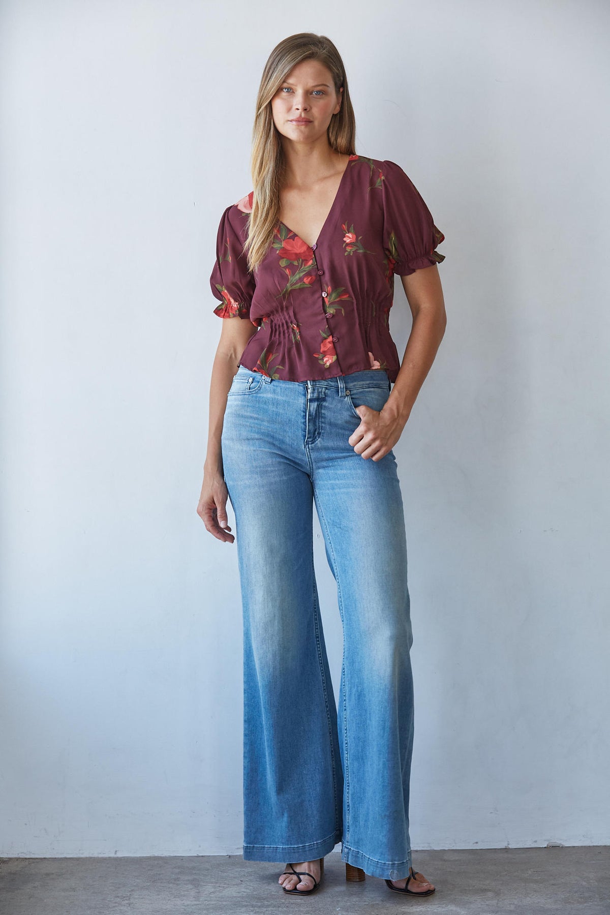 Wine Floral Puff Sleve Blouse