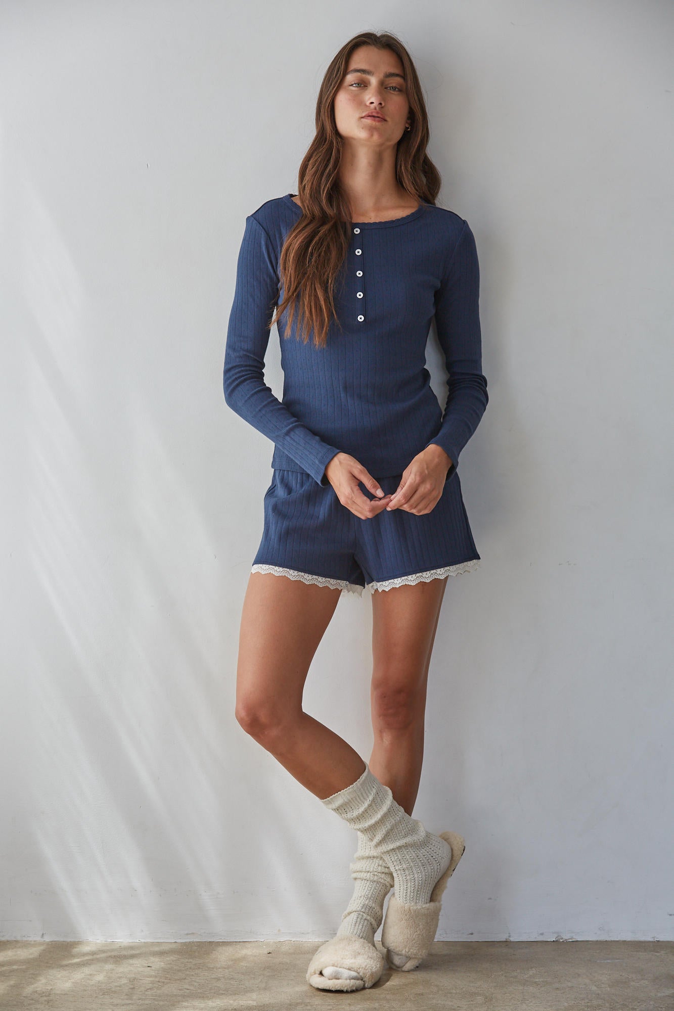 Pointelle Knit Henley Long Sleeve Top
