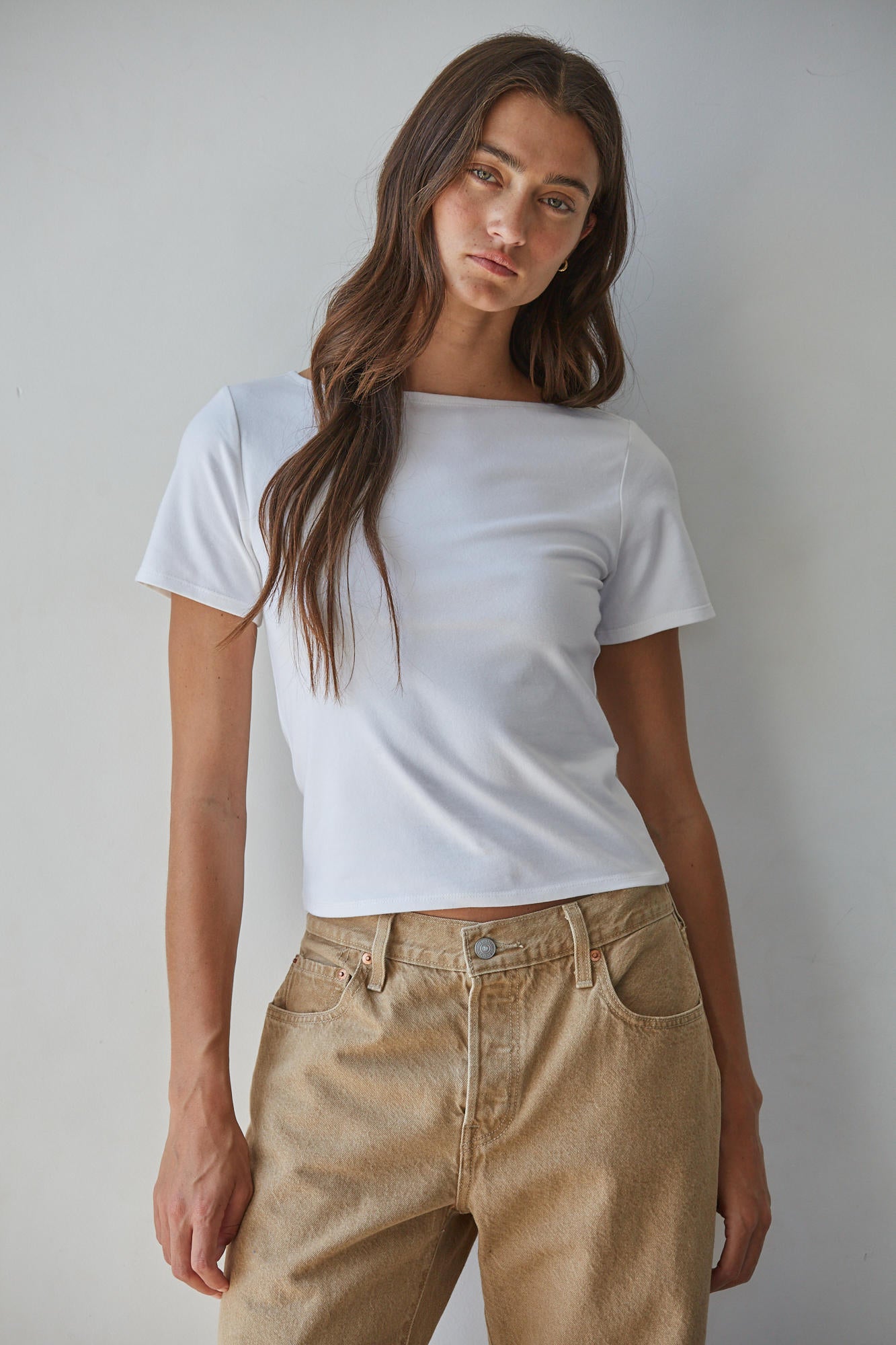 White Boat Neck Short Sleeve Top