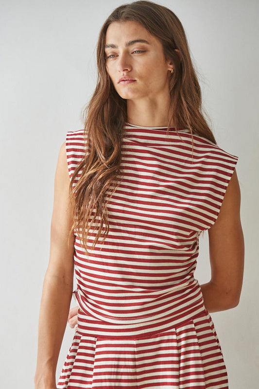 Maroon Stripe Sleeveless Mock Neck Top