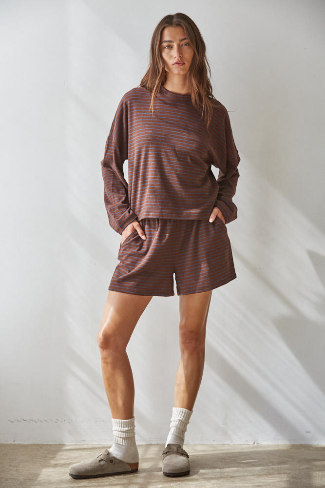 Dark Brown Blue Striped Long Sleeve Tee
