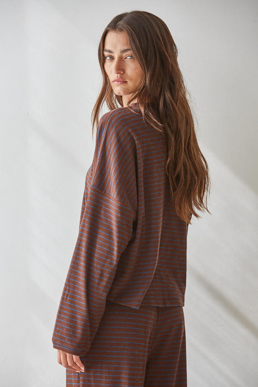 Dark Brown Blue Striped Long Sleeve Tee