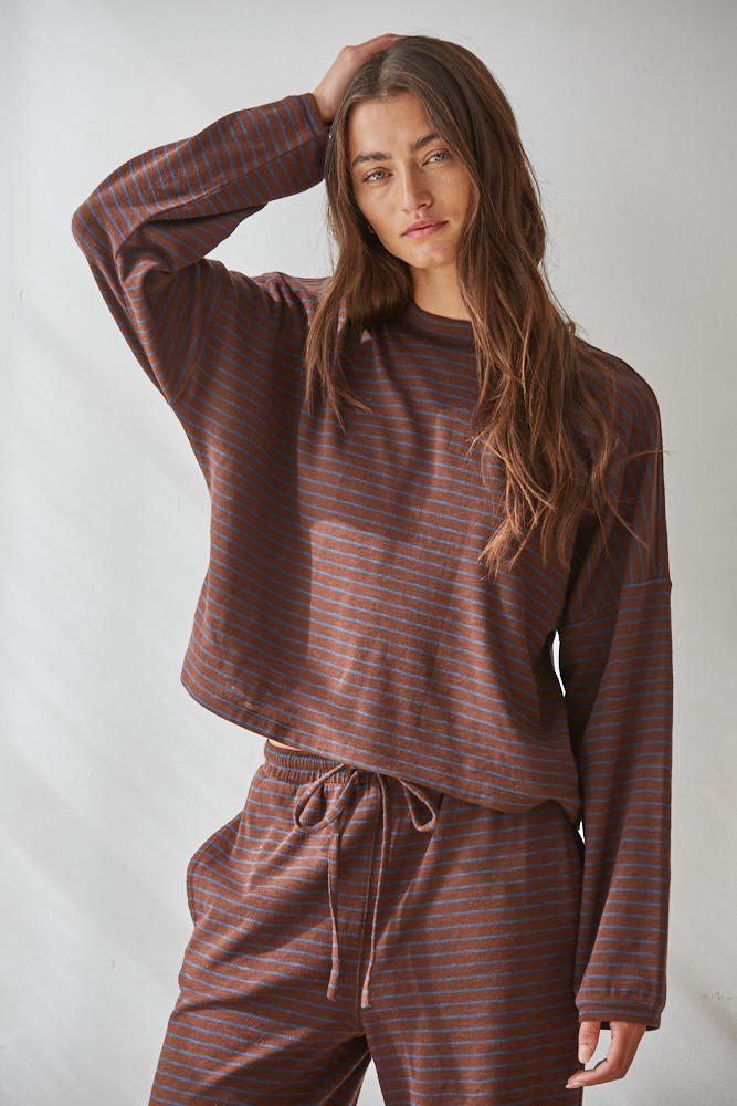 Dark Brown Blue Striped Long Sleeve Tee
