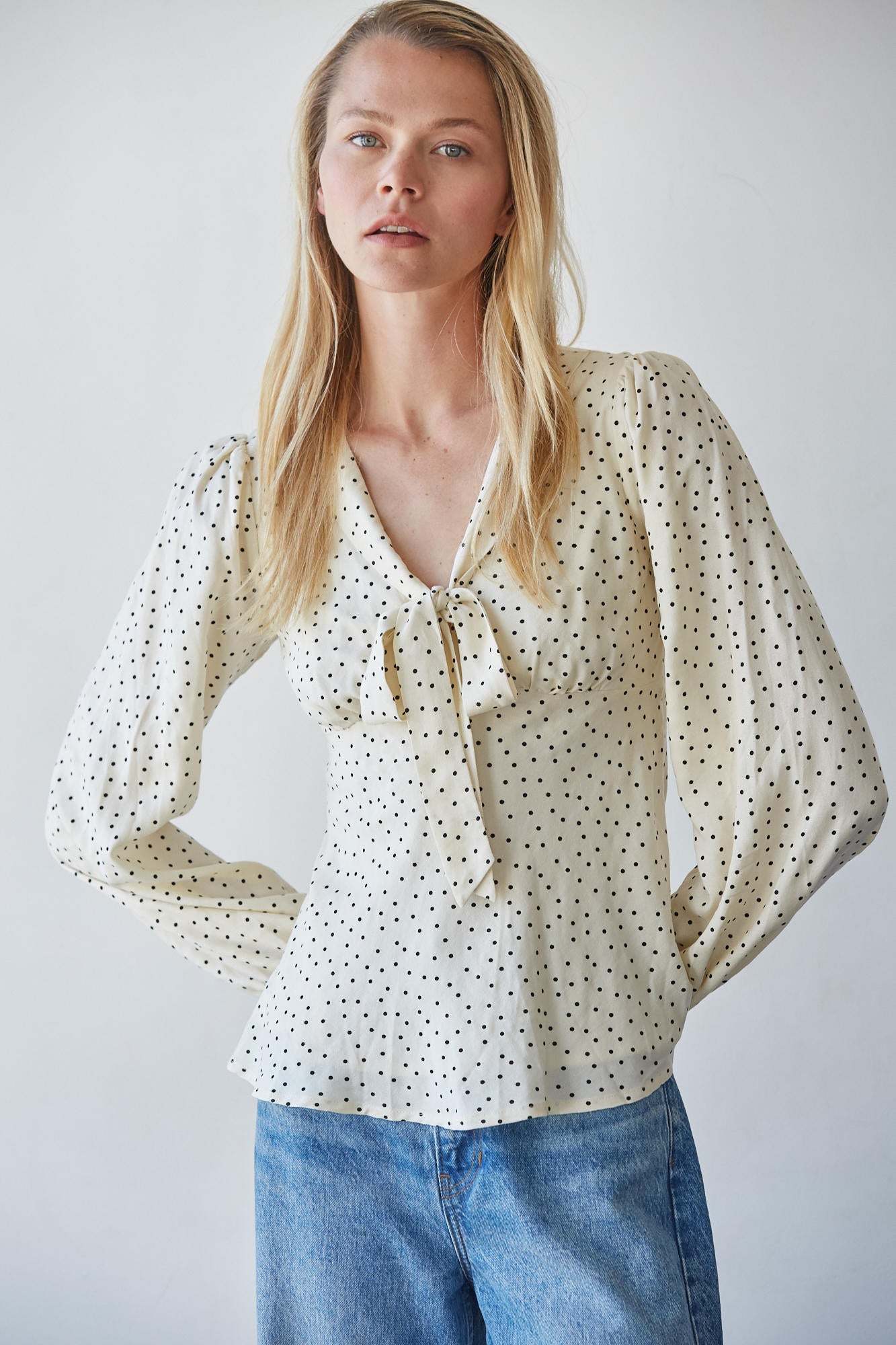 Cream Black Polka Dot Bow Tie Blouse