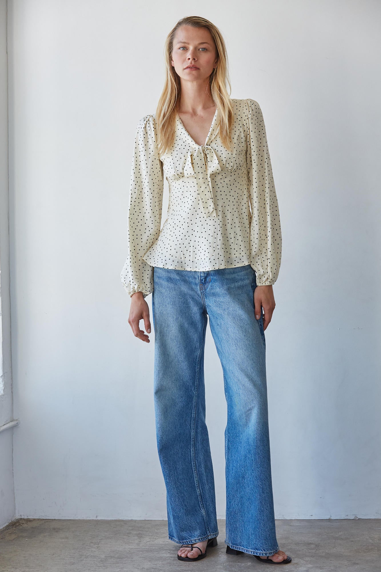 Cream Black Polka Dot Bow Tie Blouse