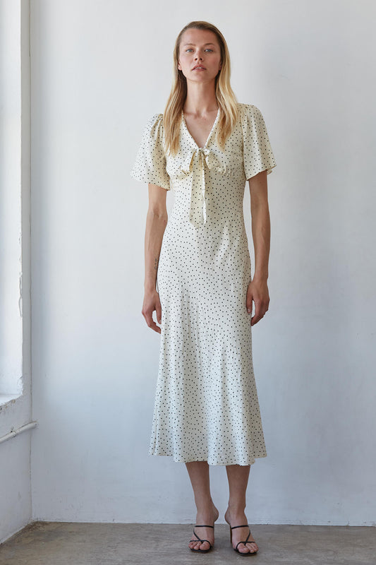 Cream Polka Dot Tie Front Midi Dress