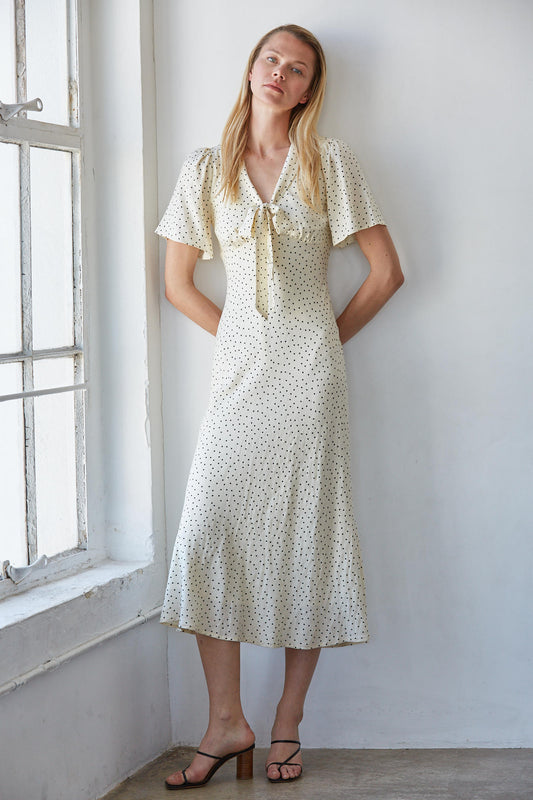 Cream Polka Dot Tie Front Midi Dress