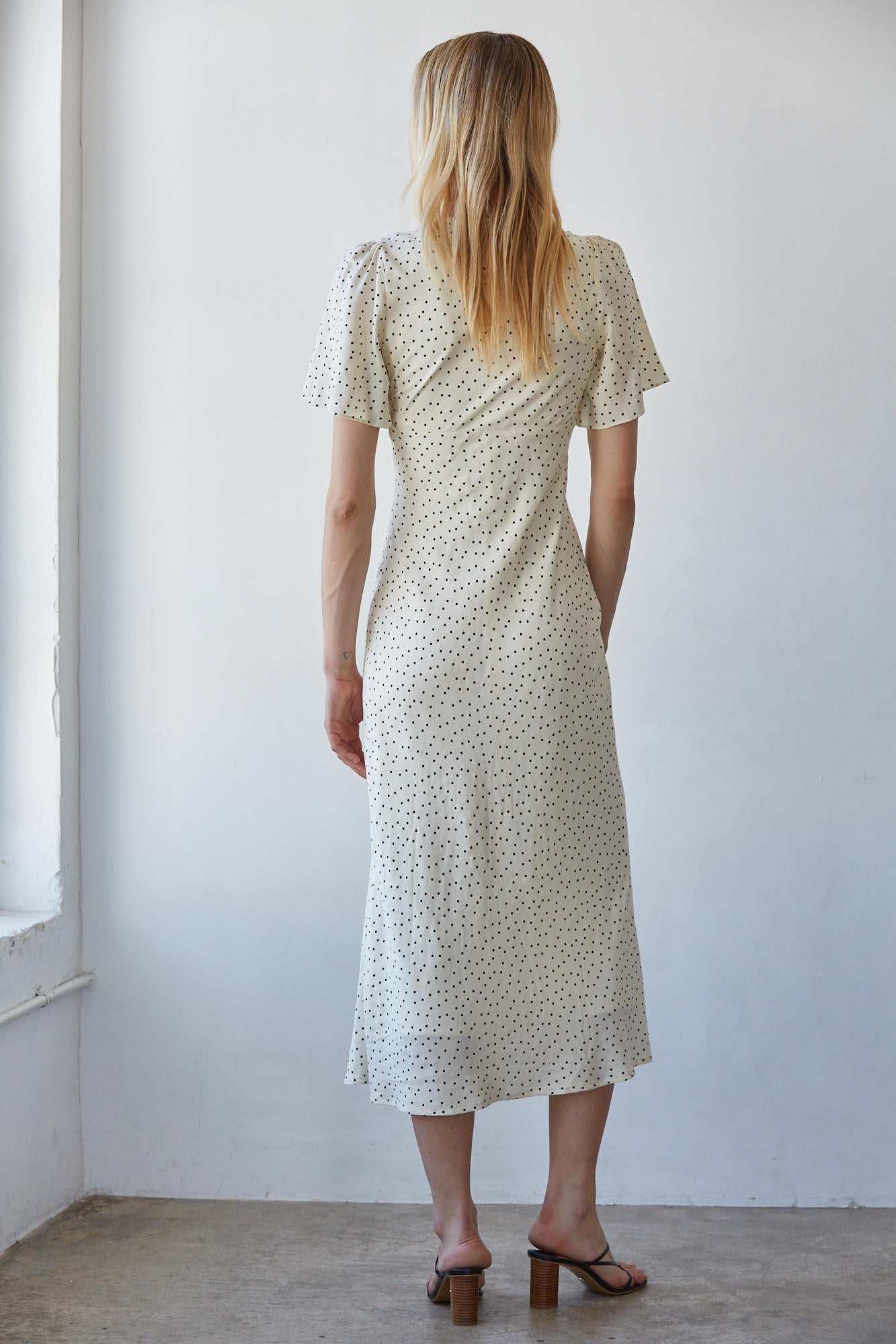 Cream Polka Dot Tie Front Midi Dress